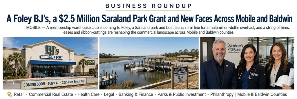 Illustration for the news story: Business Roundup: A Foley BJ’s, a $2.5 Million Saraland Park Grant and New Faces Across Mobile and Baldwin