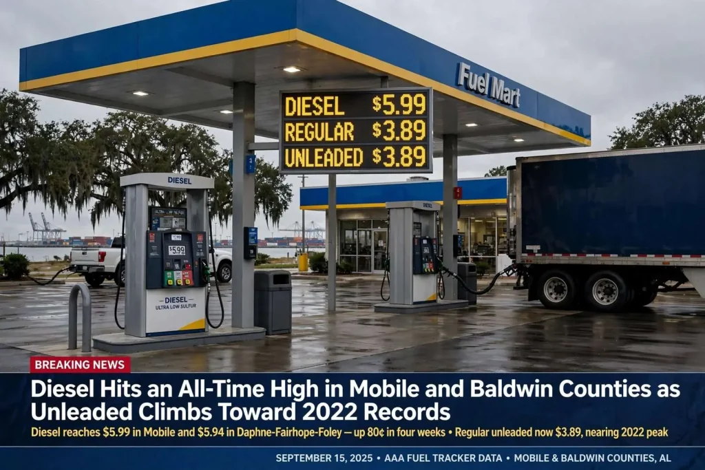 Illustration for the news story: Diesel Hits an All-Time High in Mobile and Baldwin Counties as Unleaded Climbs Toward 2022 Records