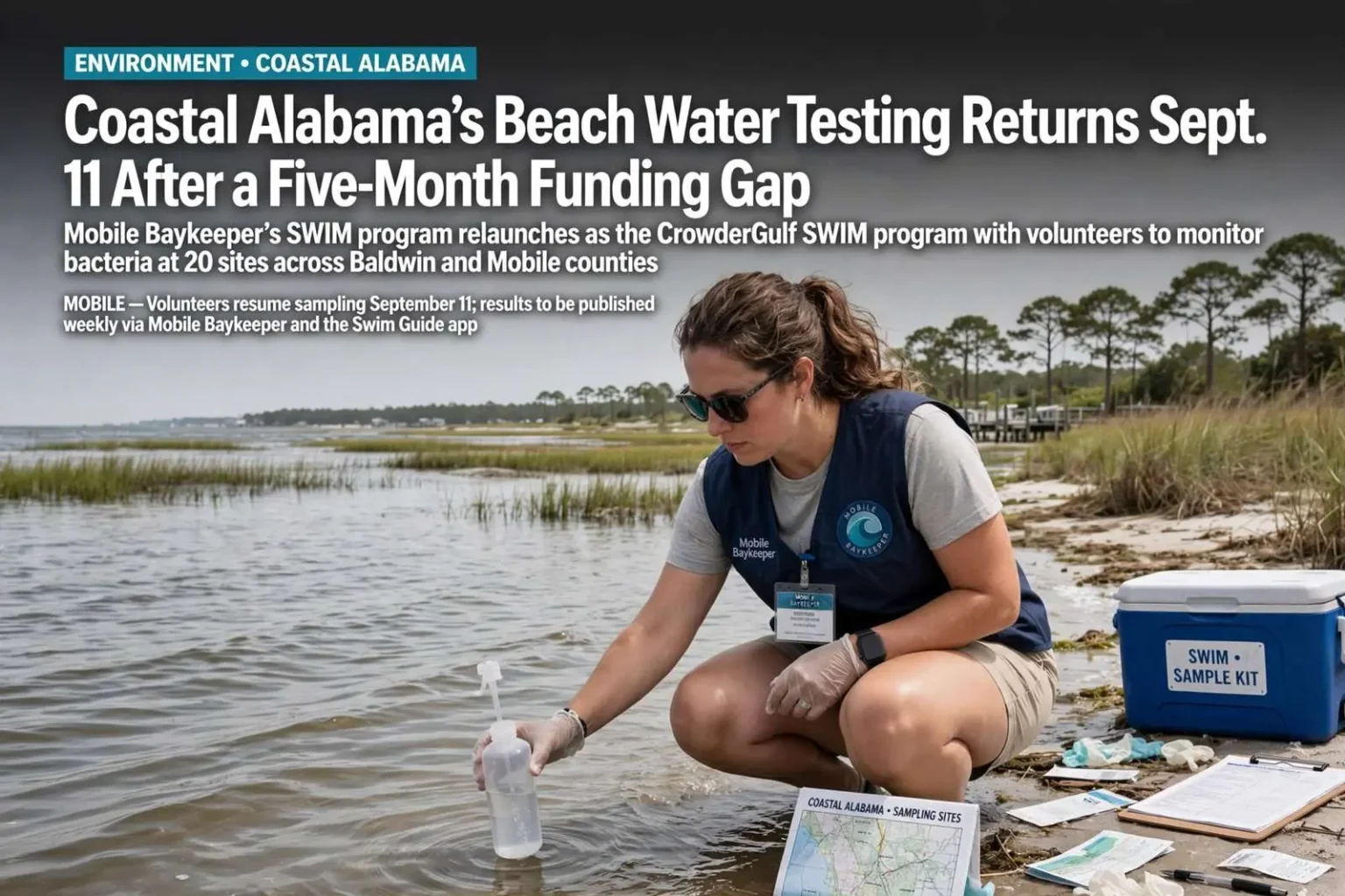 Illustration for the news story: Coastal Alabama’s Beach Water Testing Returns Sept. 11 After a Five-Month Funding Gap