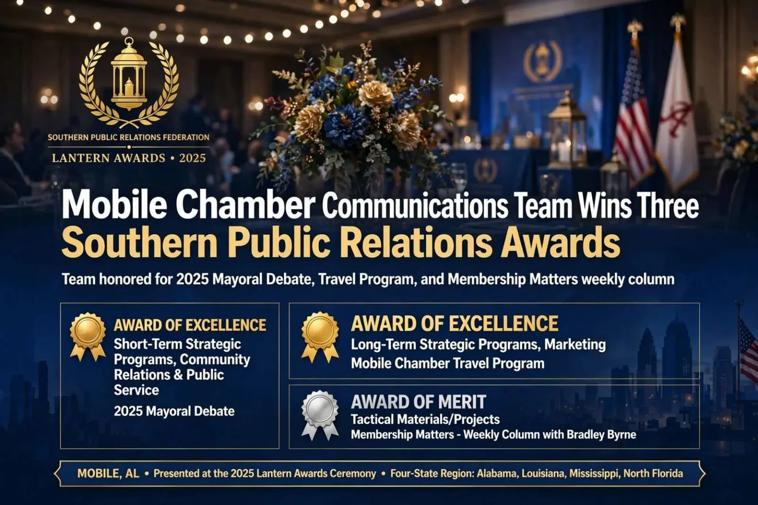 Illustration for the news story: Mobile Chamber Communications Team Wins Three Southern Public Relations Awards