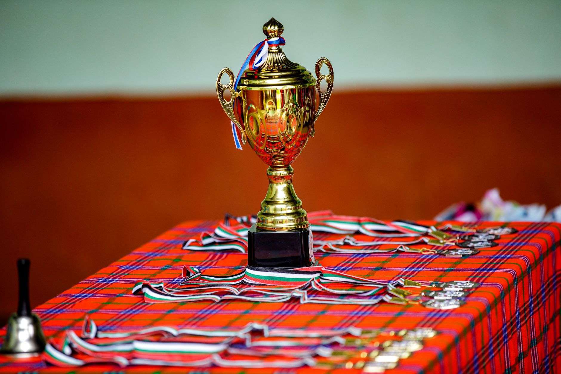 An award trophy displayed on a table