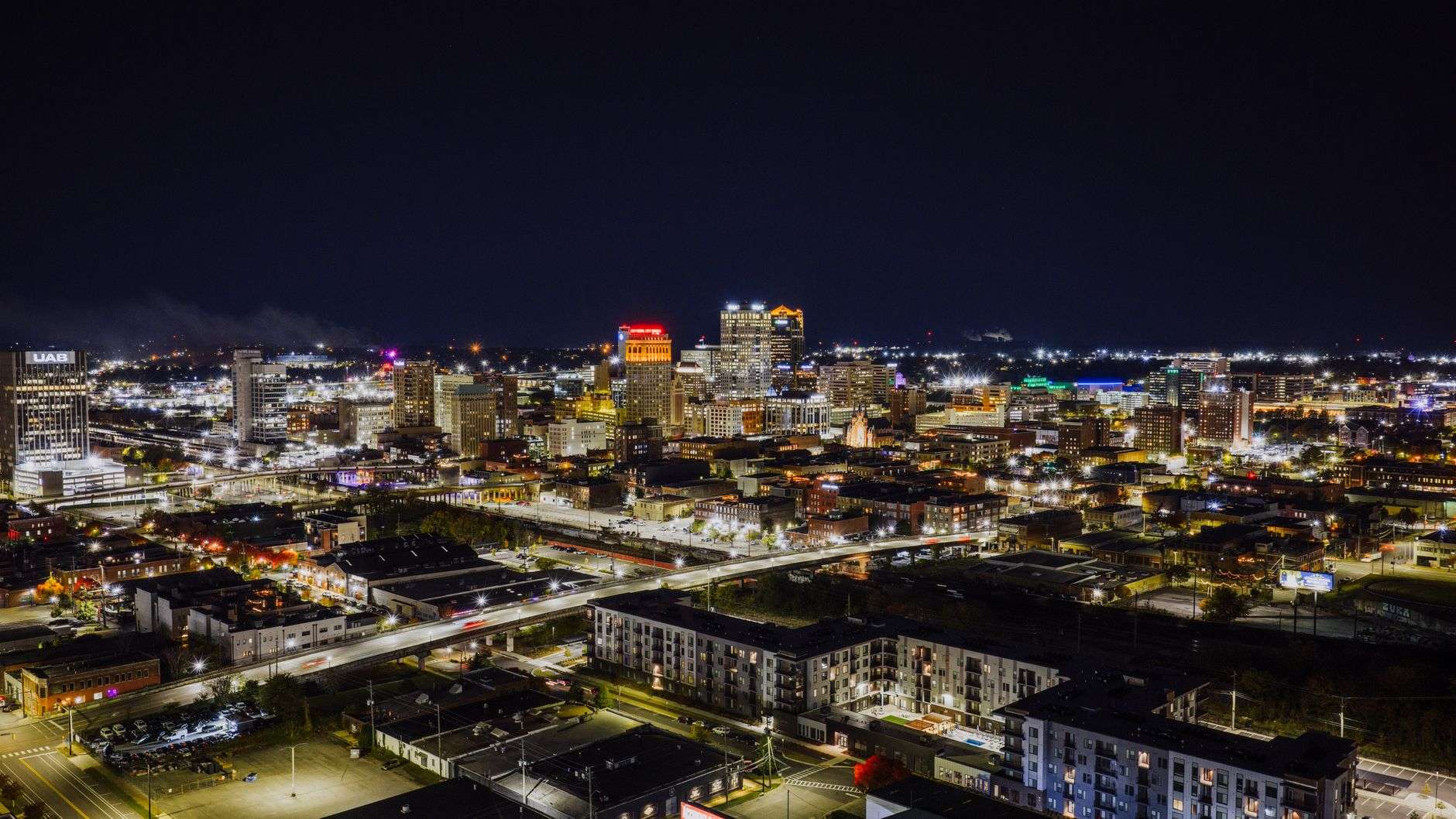 A city skyline with office towers in a downtown business district
