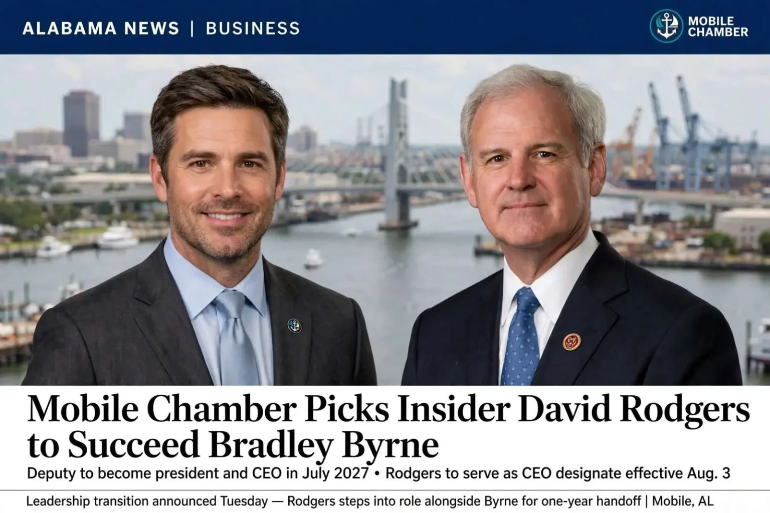 Illustration for the news story: Mobile Chamber Picks Insider David Rodgers to Succeed Bradley Byrne
