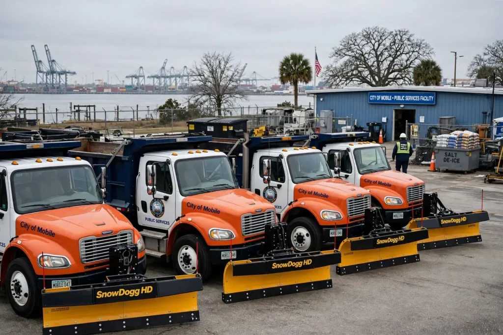 Illustration for the news story: Snow Plows for the Port City: Mobile Council Approves $73,372 Purchase of Four Truck-Mounted Plows