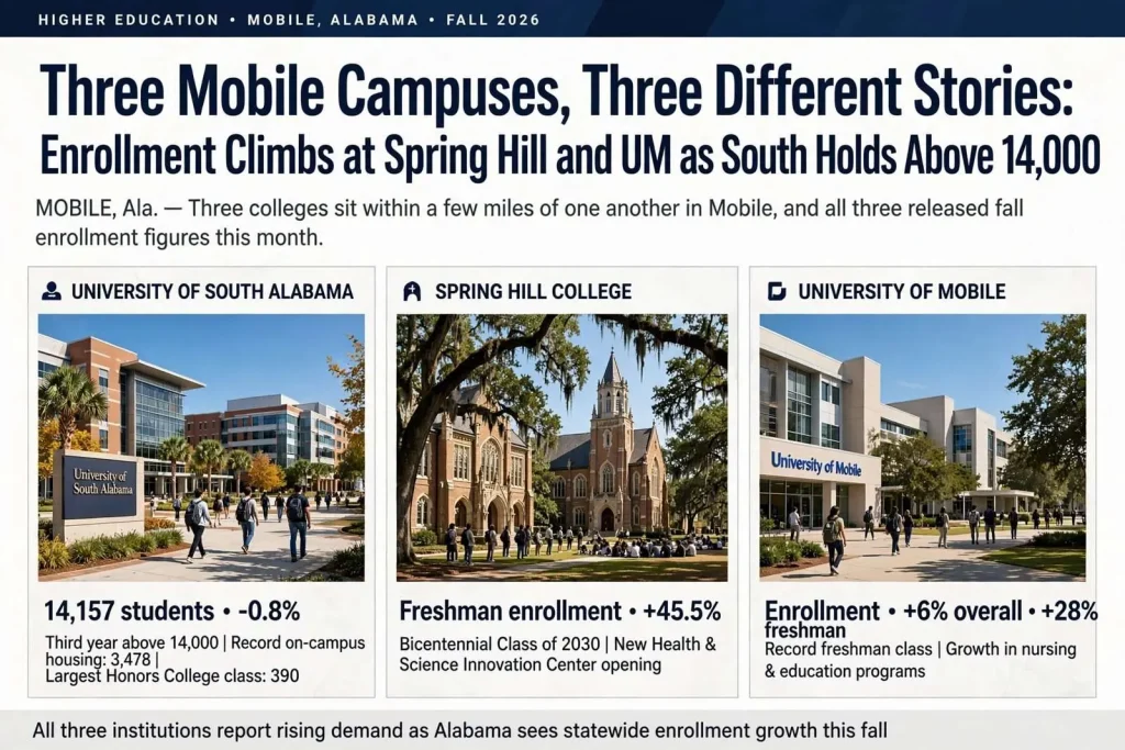 Illustration for the news story: Three Mobile Campuses, Three Different Stories: Enrollment Climbs at Spring Hill and UM as South Holds Above 14,000
