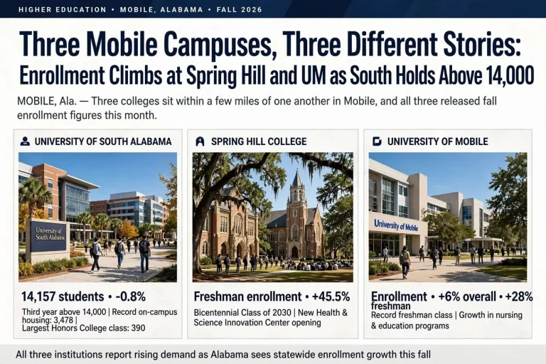 Illustration for the news story: Three Mobile Campuses, Three Different Stories: Enrollment Climbs at Spring Hill and UM as South Holds Above 14,000