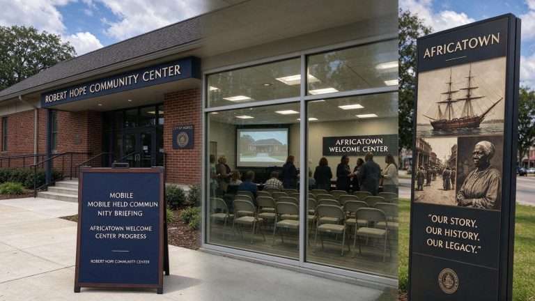 Illustration for the news story: Mobile Held Community Briefing on Africatown Welcome Center Progress at Robert Hope Center