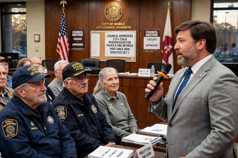 Illustration for the news story: Mobile Council Approves First Pension Raise for Retired Police and Firefighters Since 2008
