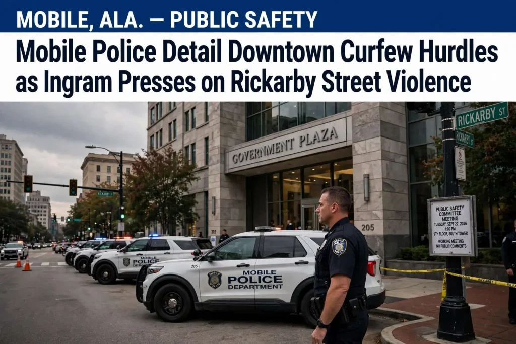 Illustration for the news story: Mobile Police Detail Downtown Curfew Hurdles as Ingram Presses on Rickarby Street Violence