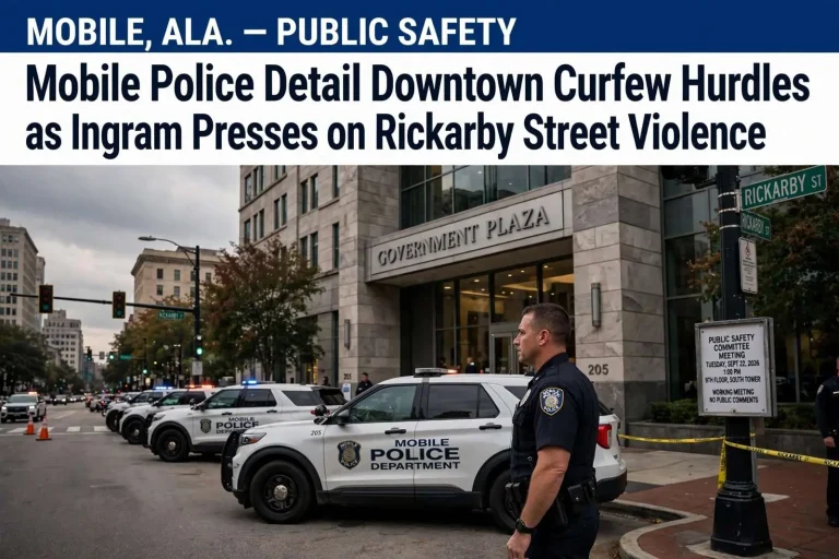 Illustration for the news story: Mobile Police Detail Downtown Curfew Hurdles as Ingram Presses on Rickarby Street Violence