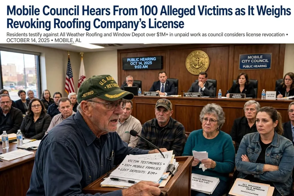 Illustration for the news story: Mobile Council Hears From 100 Alleged Victims as It Weighs Revoking Roofing Company’s License