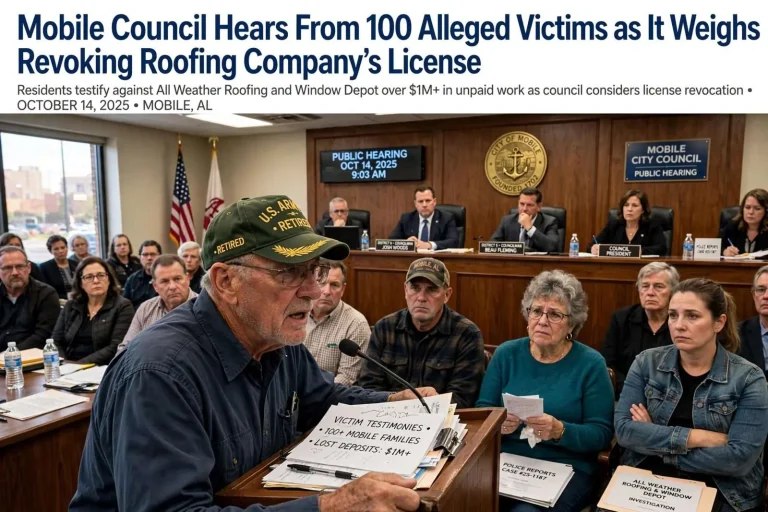 Illustration for the news story: Mobile Council Hears From 100 Alleged Victims as It Weighs Revoking Roofing Company’s License