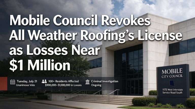 Illustration for the news story: Mobile Council Revokes All Weather Roofing’s License as Losses Near $1 Million
