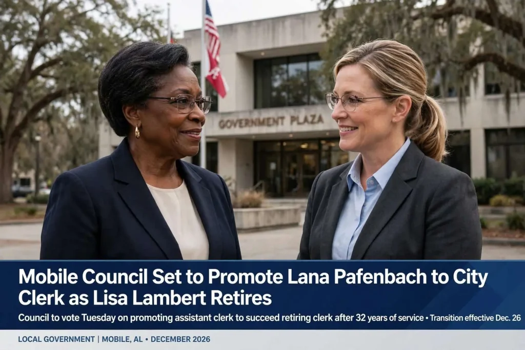 Illustration for the news story: Mobile Council Set to Promote Lana Pafenbach to City Clerk as Lisa Lambert Retires
