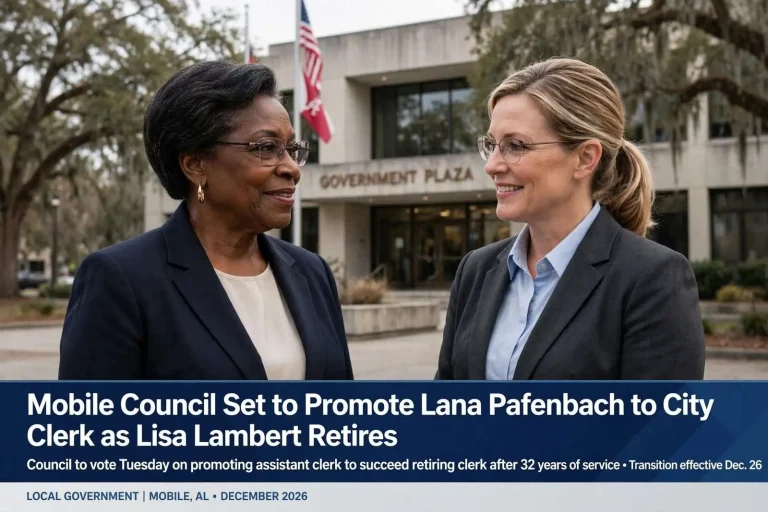 Illustration for the news story: Mobile Council Set to Promote Lana Pafenbach to City Clerk as Lisa Lambert Retires