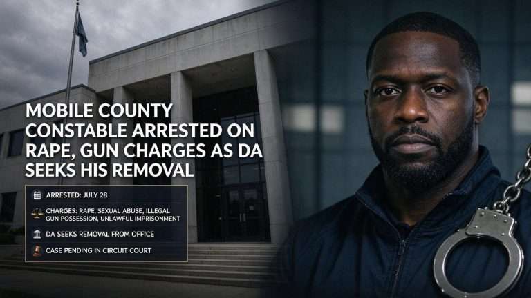 Illustration for the news story: Mobile County Constable Arrested on Rape, Gun Charges as DA Seeks His Removal