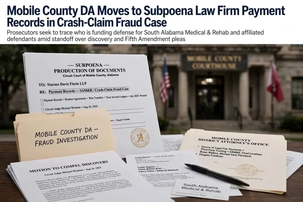 Illustration for the news story: Mobile County DA Moves to Subpoena Law Firm Payment Records in Crash-Claim Fraud Case