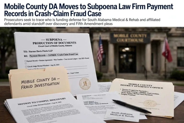 Illustration for the news story: Mobile County DA Moves to Subpoena Law Firm Payment Records in Crash-Claim Fraud Case