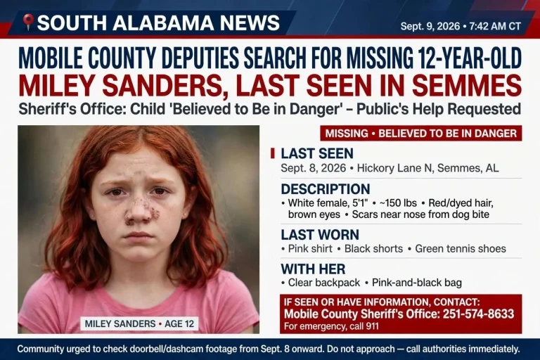 Illustration for the news story: Mobile County Deputies Search for Missing 12-Year-Old Miley Sanders, Last Seen in Semmes