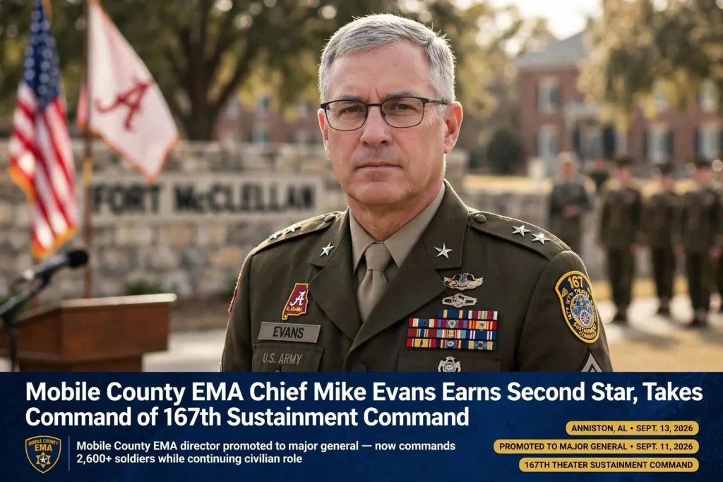 Illustration for the news story: Mobile County EMA Chief Mike Evans Earns Second Star, Takes Command of Alabama Guard’s 167th Sustainment Command
