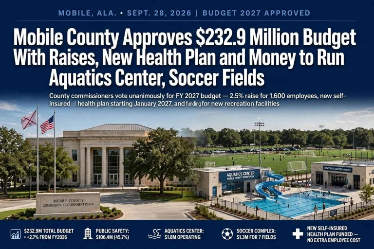 Illustration for the news story: Mobile County Approves $232.9 Million Budget With Raises, New Health Plan and Money to Run Aquatics Center, Soccer Fields