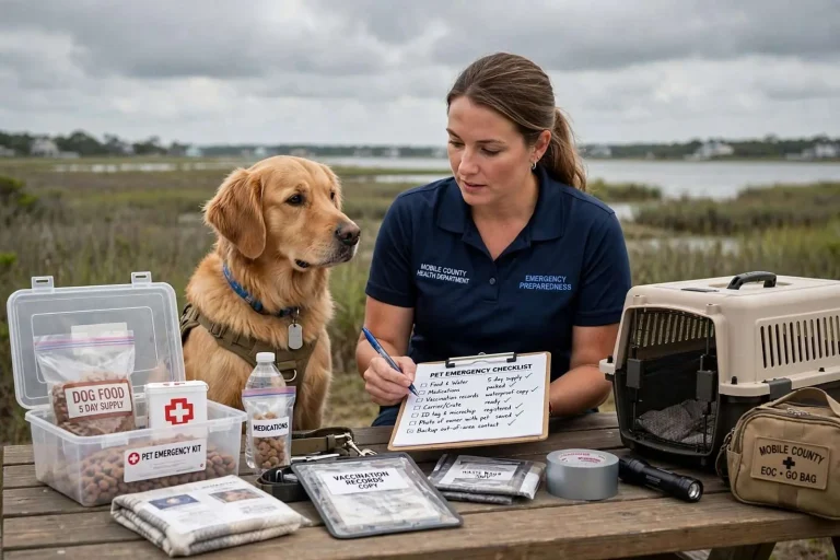 Illustration for the news story: A Disaster Plan Isn’t Finished Until It Covers the Dog: Mobile County Health Department’s Pet Checklist