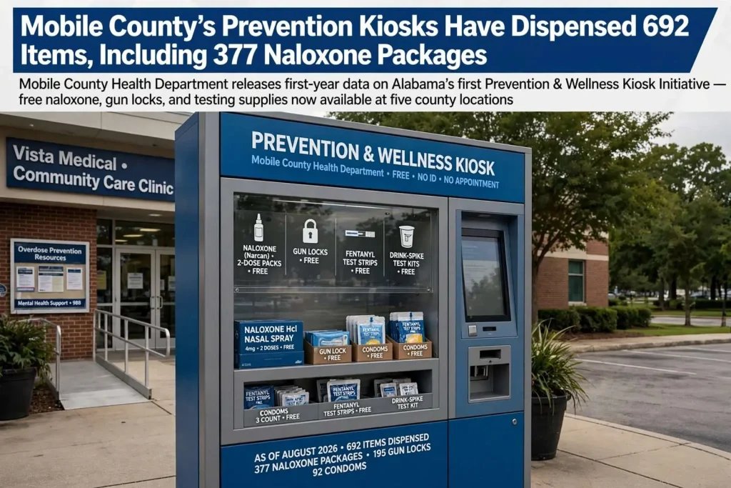 Illustration for the news story: Mobile County’s Prevention Kiosks Have Dispensed 692 Items, Including 377 Naloxone Packages