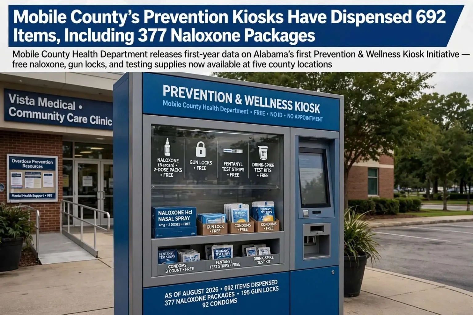 Illustration for the news story: Mobile County’s Prevention Kiosks Have Dispensed 692 Items, Including 377 Naloxone Packages