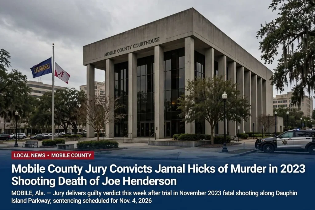 Illustration for the news story: Mobile County Jury Convicts Jamal Hicks of Murder in 2023 Shooting Death of Joe Henderson