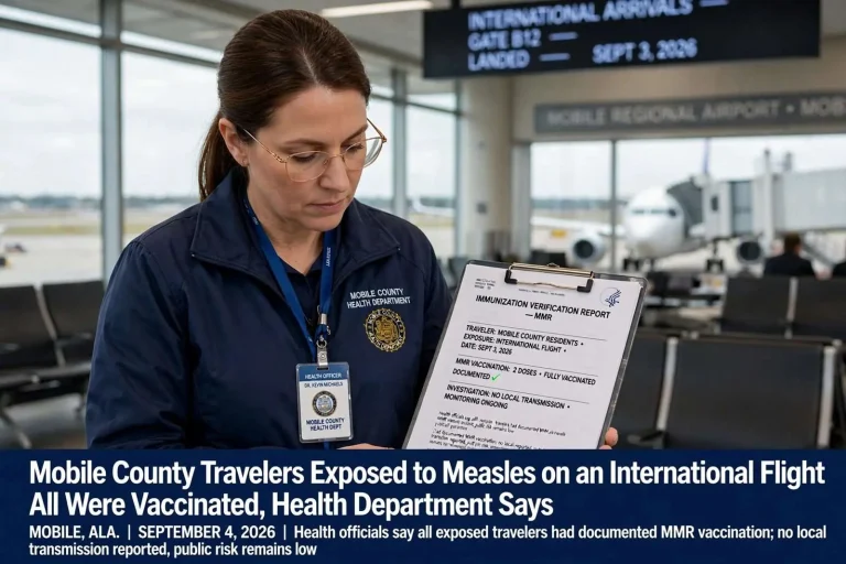 Illustration for the news story: Mobile County Travelers Exposed to Measles on an International Flight — All Were Vaccinated, Health Department Says