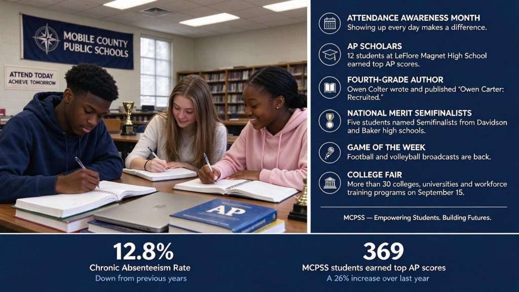 Illustration for the news story: Mobile County Public Schools Spotlight Attendance, AP Scholars and a Fourth-Grade Author
