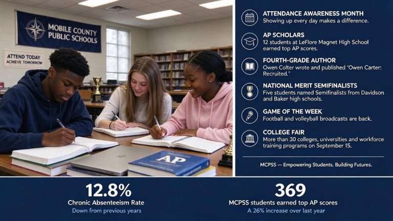 Illustration for the news story: Mobile County Public Schools Spotlight Attendance, AP Scholars and a Fourth-Grade Author