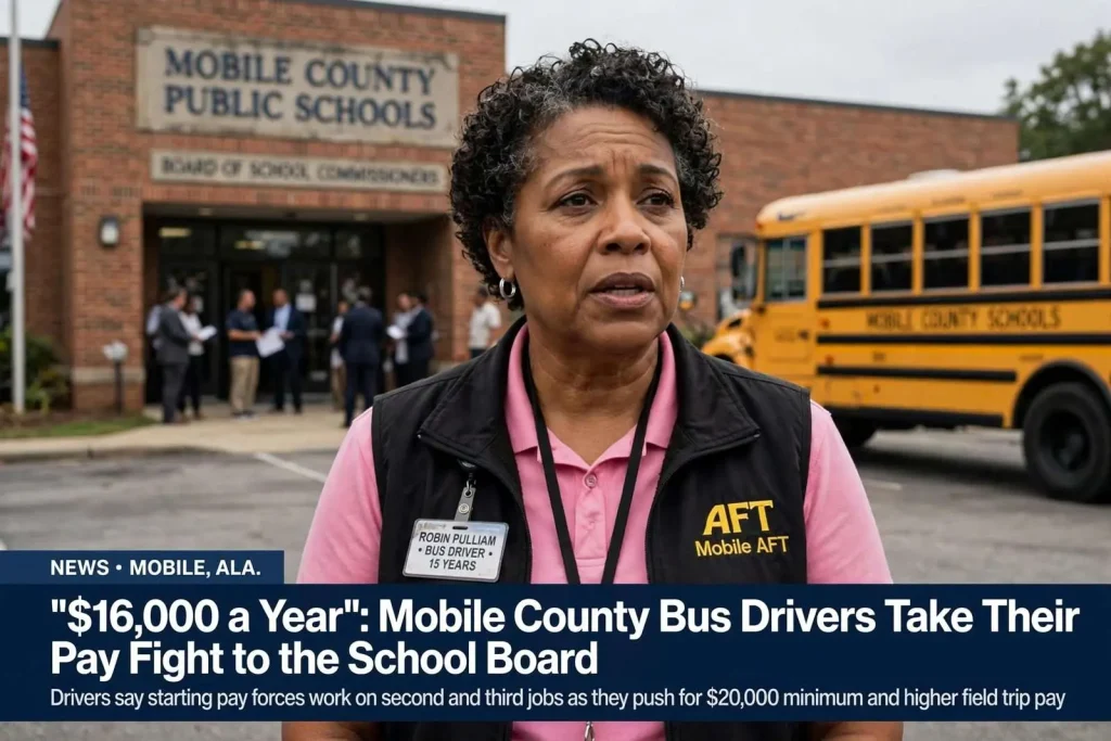 Illustration for the news story: ‘$16,000 a Year’: Mobile County Bus Drivers Take Their Pay Fight to the School Board