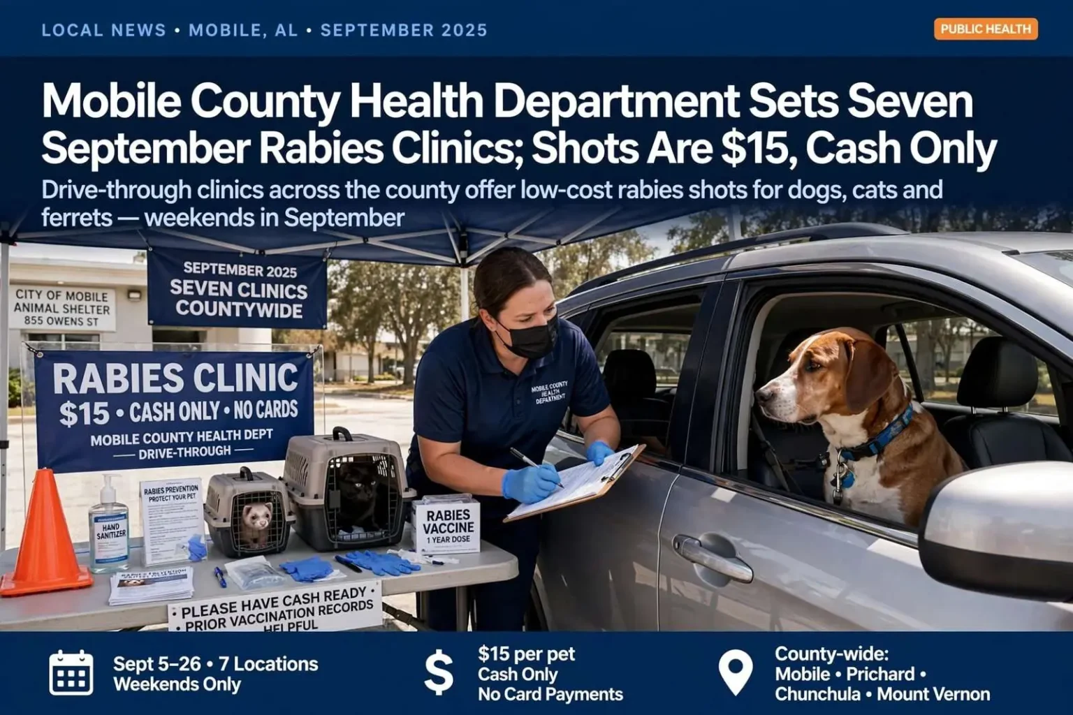 Illustration for the news story: Mobile County Health Department Sets Seven September Rabies Clinics; Shots Are $15, Cash Only