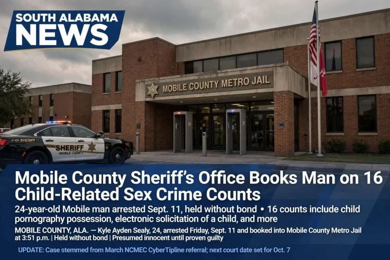 Illustration for the news story: Mobile County Sheriff’s Office Books Man on 16 Child-Related Sex Crime Counts