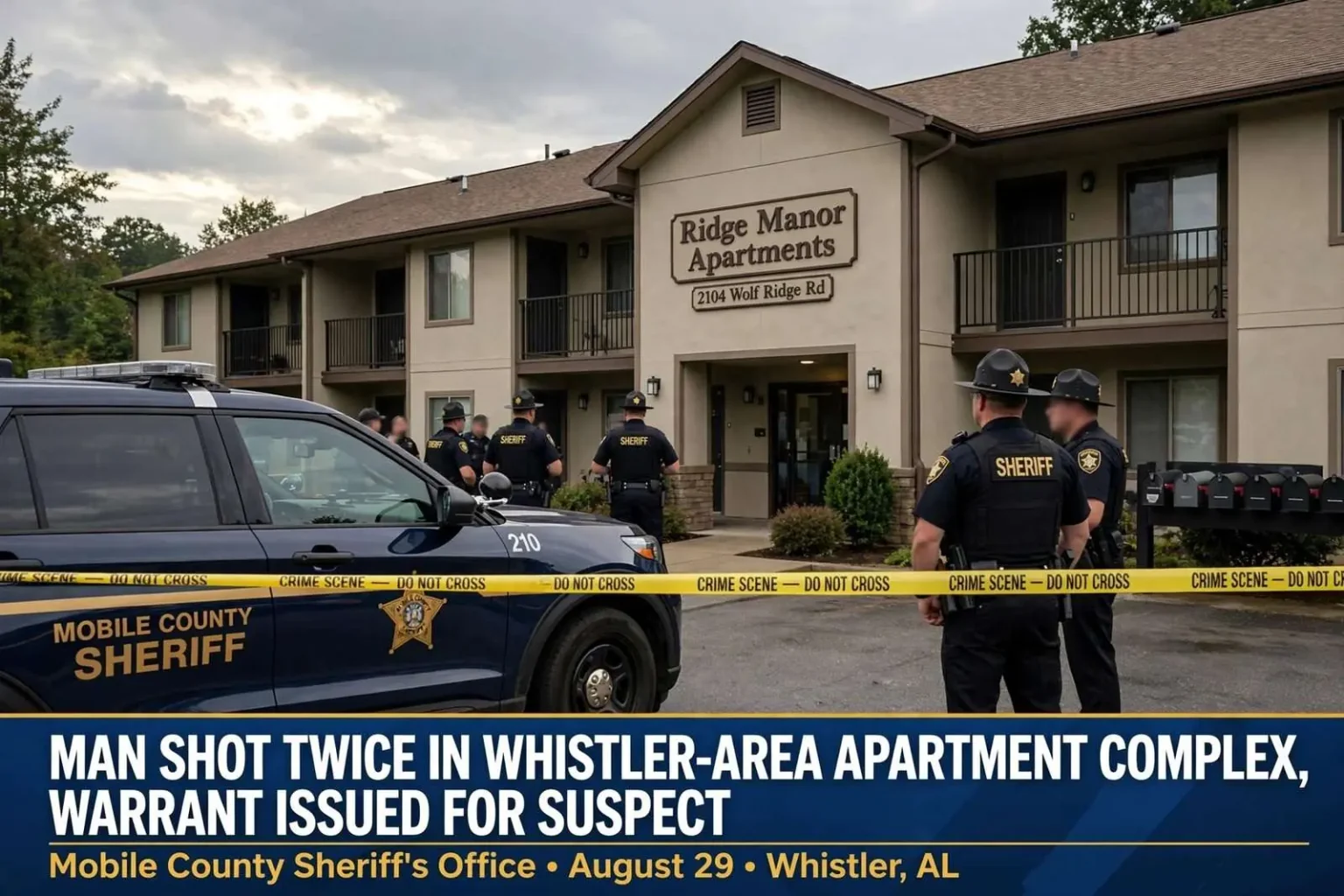 Illustration for the news story: Mobile County Sheriff’s Office: Man Shot Twice in Whistler-Area Apartment Complex, Warrant Issued for Suspect