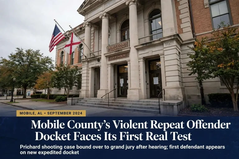 Illustration for the news story: Mobile County’s Violent Repeat Offender Docket Faces Its First Real Test