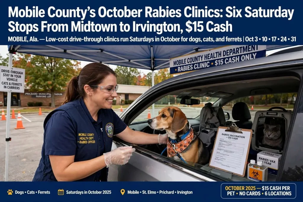 Illustration for the news story: Mobile County’s October Rabies Clinics: Six Saturday Stops From Midtown to Irvington, $15 Cash