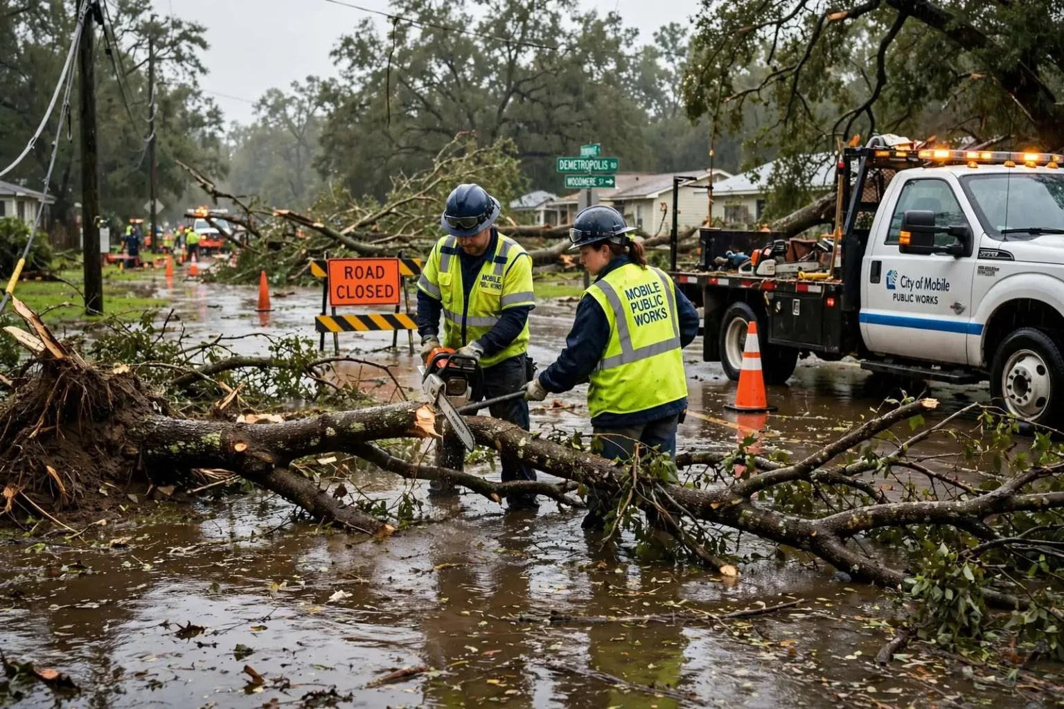 Illustration for the news story: Mobile Crews Clear Downed Trees, Flooded Roads After Tropical Storm Arthur’s Remnants Pass Through