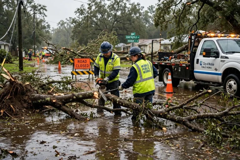 Illustration for the news story: Mobile Crews Clear Downed Trees, Flooded Roads After Tropical Storm Arthur’s Remnants Pass Through
