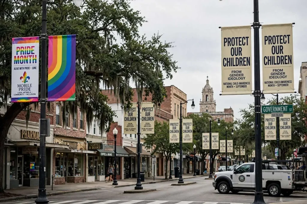 Illustration for the news story: Mobile Ends Private Banner Program After Dueling Pride and ‘Protect Our Children’ Displays Downtown