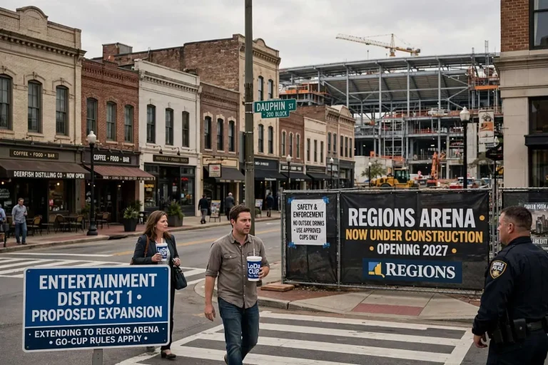 Illustration for the news story: Mobile Entertainment District Expansion to Regions Arena Introduced Amid Go-Cup Concerns