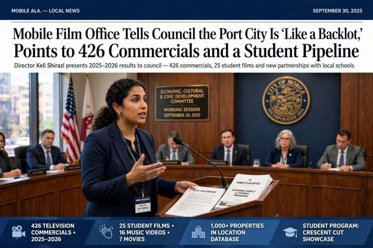 Illustration for the news story: Mobile Film Office Tells Council the Port City Is ‘Like a Backlot,’ Points to 426 Commercials and a Student Pipeline