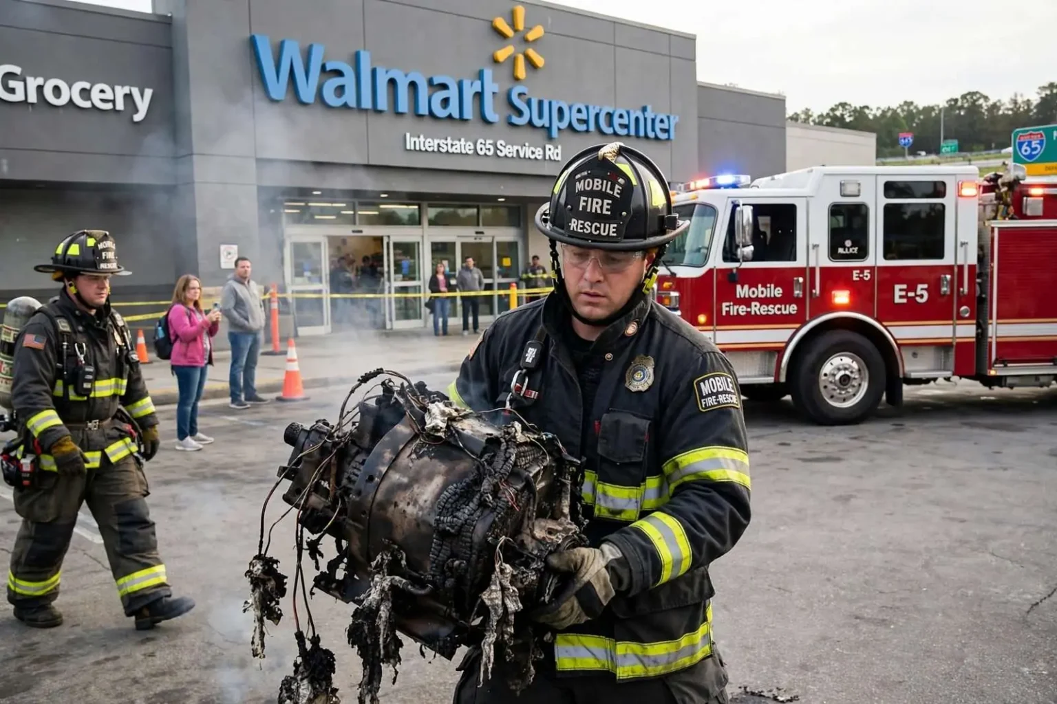 Illustration for the news story: Mobile Fire-Rescue Pulls a Burning Freezer Motor From the I-65 Service Road Walmart