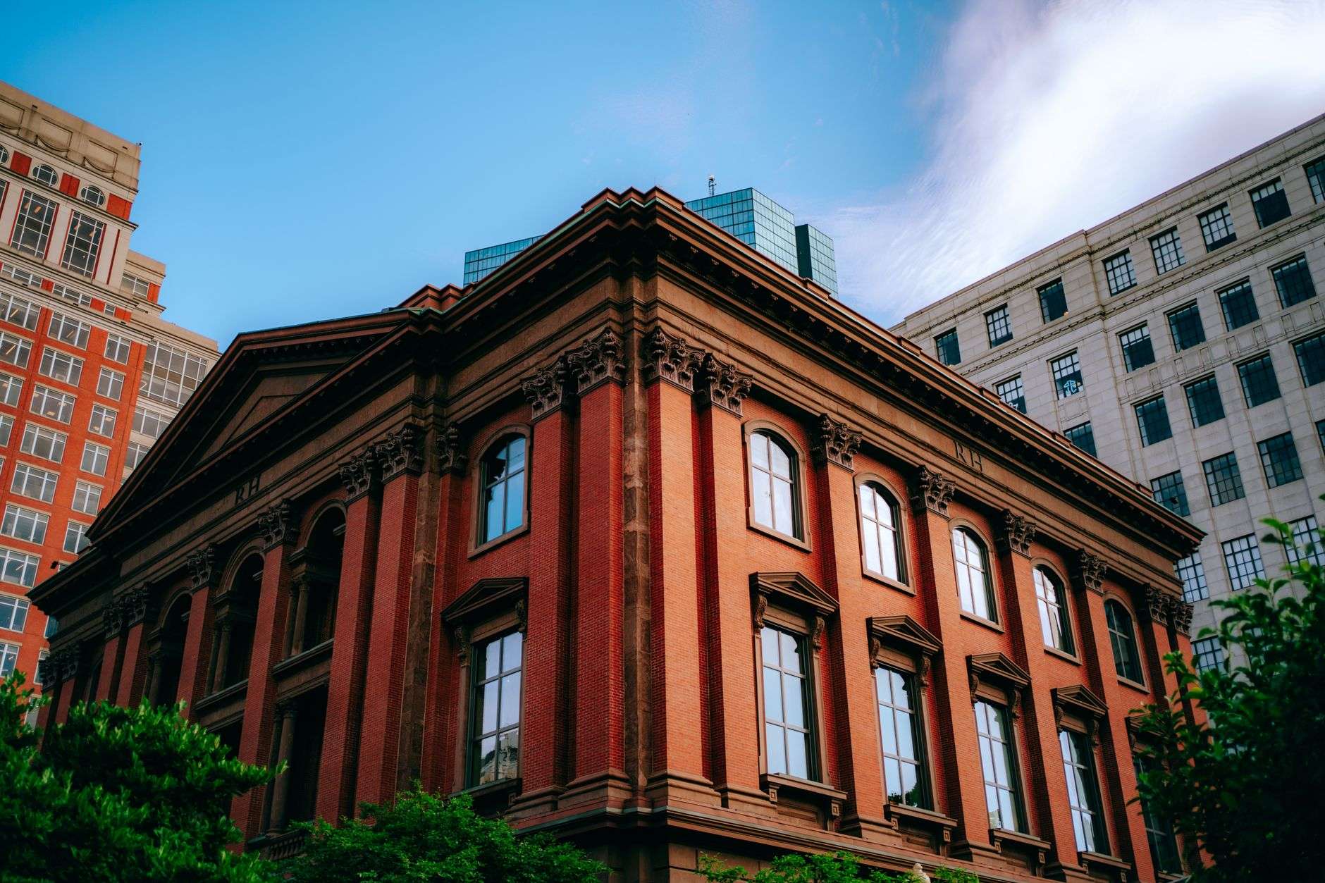 Historic masonry building facade in a downtown district