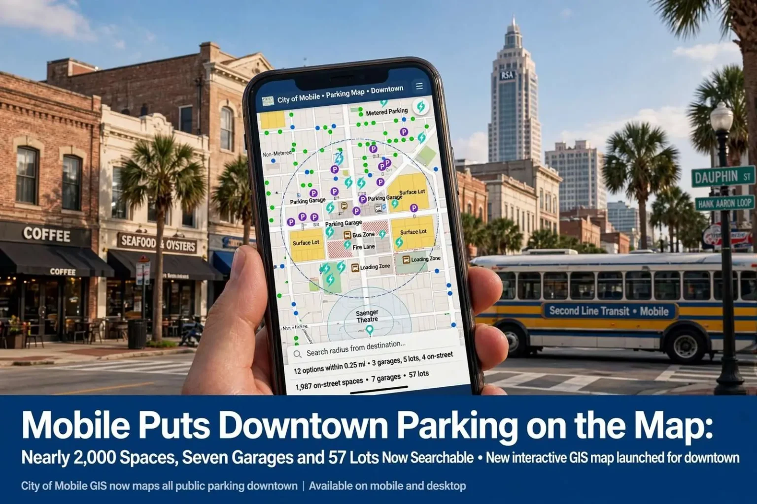 Illustration for the news story: Mobile Puts Downtown Parking on the Map: Nearly 2,000 Spaces, Seven Garages and 57 Lots Now Searchable