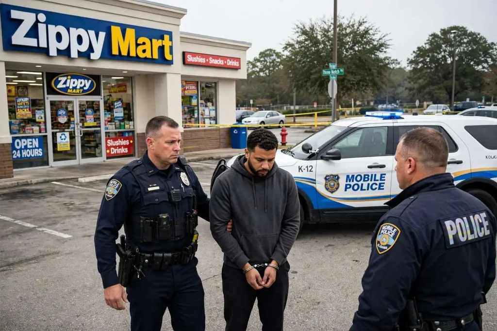 Illustration for the news story: Mobile Man Arrested After Gunpoint Robbery, Kidnapping at Zippy Mart Parking Lot