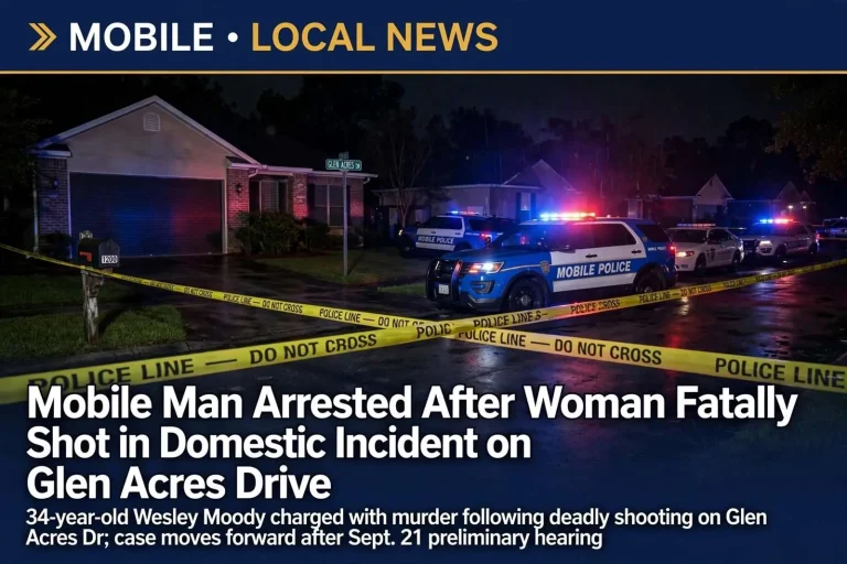 Illustration for the news story: Mobile Man Arrested After Woman Fatally Shot in Domestic Incident on Glen Acres Drive