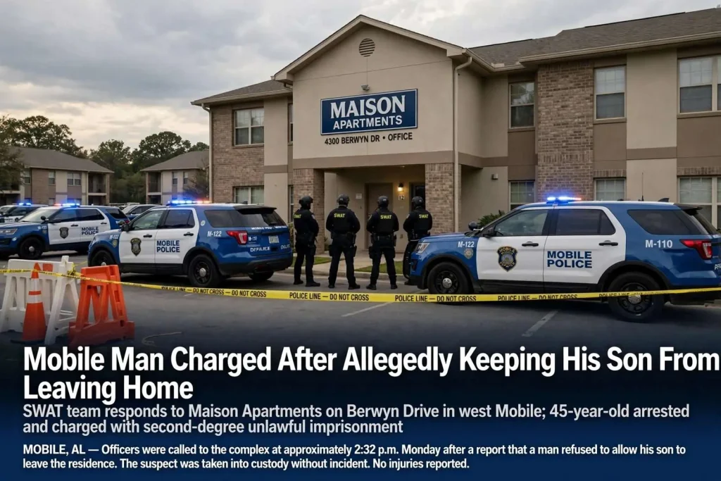 Illustration for the news story: Mobile Man Charged After Allegedly Keeping His Son From Leaving Home