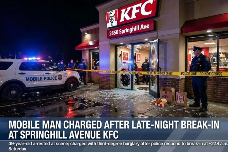 Illustration for the news story: Mobile Man Charged After Late-Night Break-In at Springhill Avenue KFC
